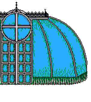 Main glasshouse structure with animated passing autumn light rays on its glass roundel, standing left of centre, above the 'Trading Shop' info box
