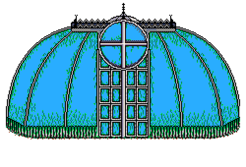 Animated glasshouse building (button) with streaking warm light upon its glazing disc, situated in front of the red brick backing wall, in the Autumn Garden