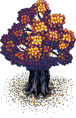 Plain tree with patchy foliage and wilted leaves at base on far left of the 'Unique Artwork' info box in Autumn Garden, adjacent to quinces