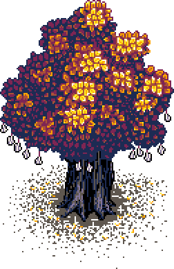 Partially blossomed fig tree, with fallen leaves at base, just in front of rotted dormant passion fruit vines along the red brick backing wall, in the Autumn Garden