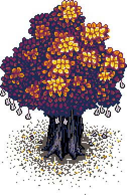 Partially formed fig peek-a-boo tree, with fallen fruits at base, obscuring surrounding rhubarb clay pots, in Autumn Garden