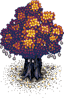 Fully formed fig peek-a-boo tree, obscurring the glasshouse to left side of red brick wall divider, in the Autumn Garden