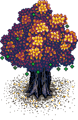 First fully blossomed chestnut tree positioned on high of the ransacked sweet peppers patch above the '16 Colours' info box in Autumn Garden