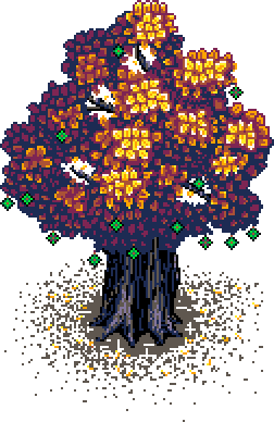 Fully blossomed chestnut tree with patchy foliage and wilted leaves at base on left of the 'Continuity' info box in Autumn Garden, slightly offset among neighbouring chestnuts
