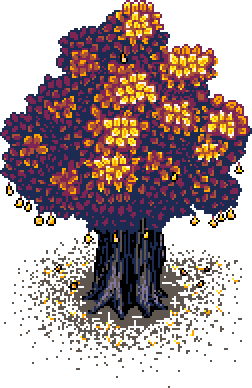 Partial blossoming quince tree with fallen fruits among wilted leaves at base, spaced near neighbouring trees, on left of the '16 Colours' info box in Autumn Garden