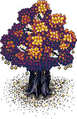 Quince tree with patchy foliage and fallen leaves, bottoming out the left cluster, to the left of the 'What is Fuml For ?' info box in Autumn Garden