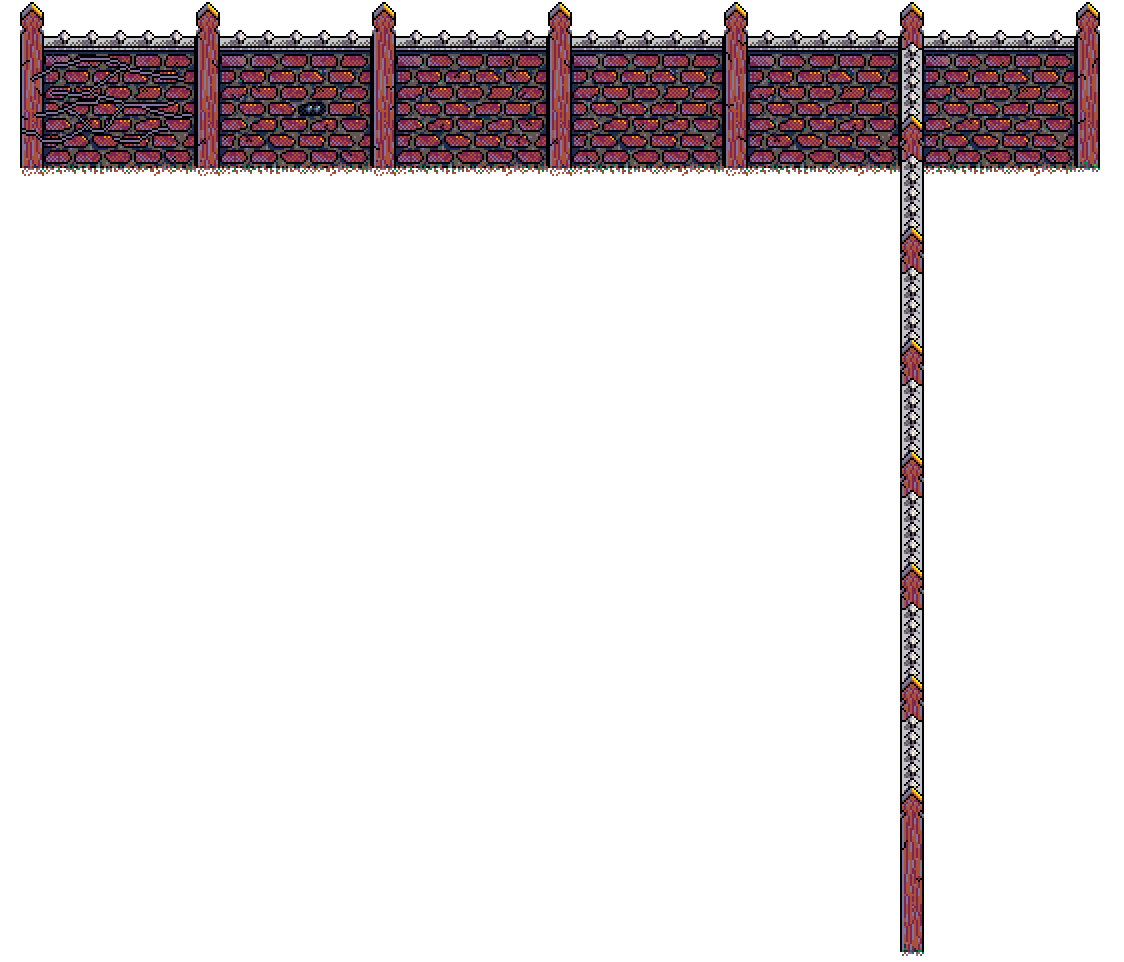 A red brick garden wall topped with metal spikes, its brickwork left glowing where the relaxing autumn light catches it, with dead passion fruit vines left dormant for a future season, in Autumn Garden