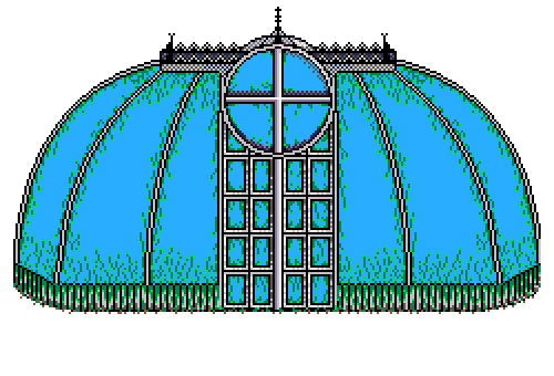 Animated glasshouse building (button) with streaking cool spring light upon its glazing disc, situated in front of the red brick backing wall, in the Spring Garden