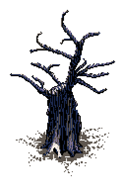 Bare, frost-tipped tree rooted in mud, with a soft layer of snow gathered at its base as it approaches a cluster of rhubarb clay pots, in the Spring Garden