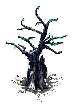 Budding loquat tree with young shoots and scattered fruits, snow clinging faintly to its bark as it stands, flanked by a small patch of seasonal flora, in the Spring Garden