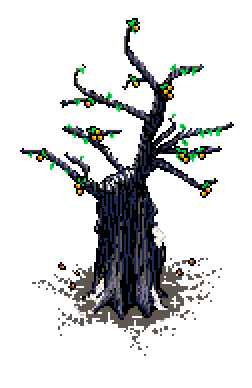 A loquat tree with fruits and bright shoots, its frosted branches standing as snow clumps gather around the trunk with pink flora marching on its base, to the left of the 'What is Fuml For ?' info box in Spring Garden