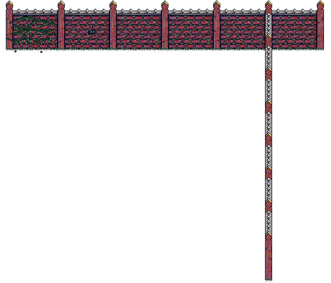 A red brick garden wall topped with metal spikes, its brickwork left bright where the cool spring light catches it, with passion fruit vines beginning to sprout, in Spring Garden