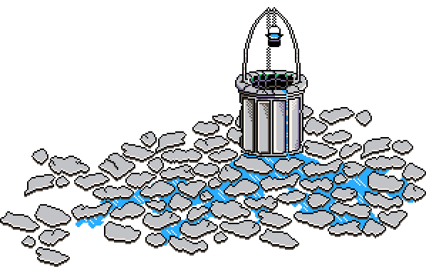 Main water well structure with animated spring shimmer, central feature of diorama above 'Skills Employed' info box in Spring Garden