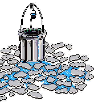 Main water well structure with animated spring shimmer, central feature of diorama above 'Trading Shop' info box in Spring Garden