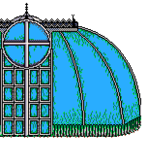 Main glasshouse structure with animated passing summer light rays on its glass roundel, standing left of centre, above the 'Trading Shop' info box