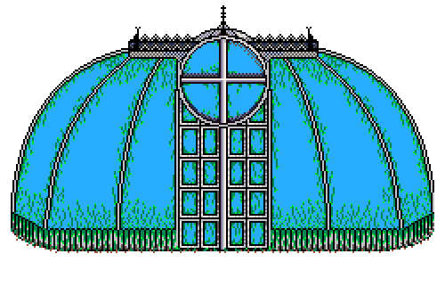 Animated glasshouse building (button) with streaking warm light upon its glazing disc, situated in front of the red brick backing wall, in the Summer Garden