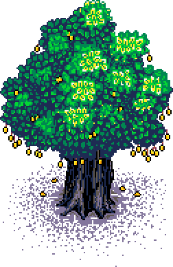 Animated apricot tree, with dense green leaves, dropping fruits (button) in Summer Garden