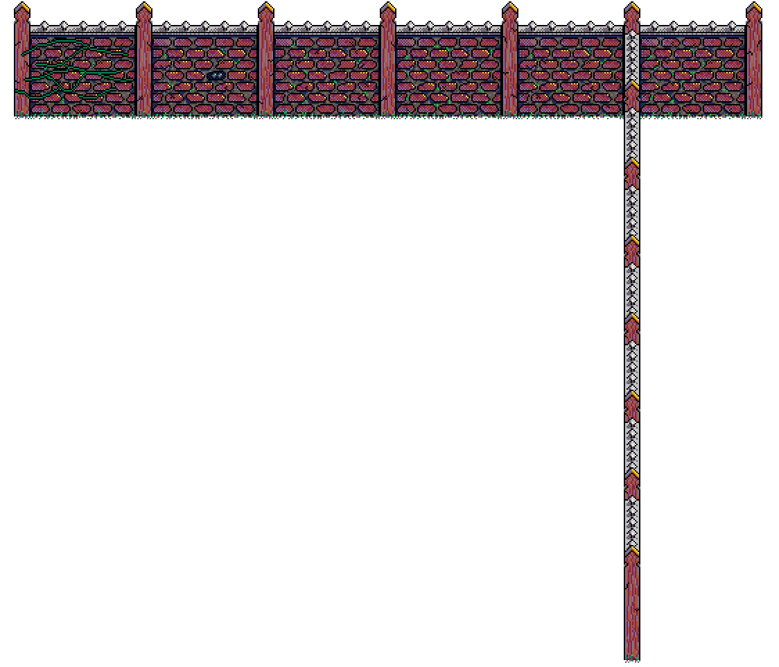 A red brick garden wall topped with metal spikes, its brickwork left bathed in warmth as the summer light catches it, with passion fruit vines now past their best, in Summer Garden