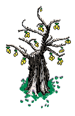 Sprouting lemon tree with snow-touched branches rising from a melted patch of grass, adding warmth to the frozen scene, to the left of the 'Unique Artwork' info box in Winter Garden