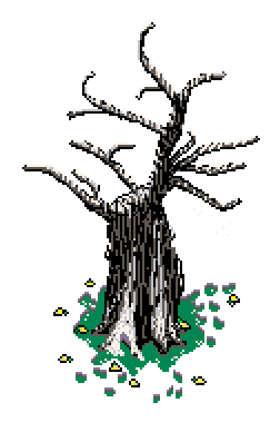 Husk tree with snow on branches, surrounded by fallen lemons resting on melted grass, marking the lower right tier, to the right of the 'What is Fuml For ?' info box in Winter Garden