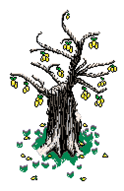 Sixth partially blossoming quince tree with wilted leaves at base, tall and lifted high to furthest right in forest band, above the 'Inventory' info box in Winter Garden