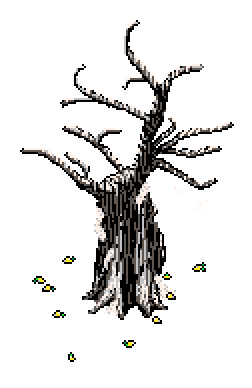 Husk of a lemon tree, its bare frame veiled in snow and surrounded by fallen fruits, to the right of the 'Collect to Advance' info box in Winter Garden