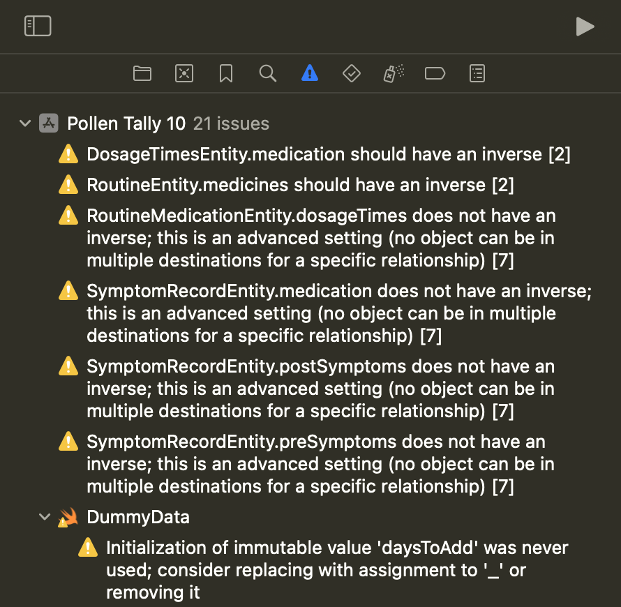 Generic 'Issue Navigator' screen shot from Xcode to head the Skills Employed section