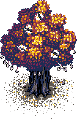 Animated fig tree with patchy canopy and falling fruits (button), in the Autumn Garden