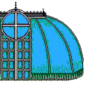 Main glasshouse structure with animated passing spring light rays on its glass roundel, standing left of centre, above the 'Trading Shop' info box