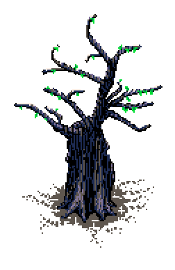 Mud-based tree with fresh green shoots unfolding along its slender branches, standing freely at the open edge to the left of the '16 Colours' info box in Spring Garden