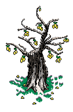 Sprouting lemon tree with snow on its branches, surrounded by fallen lemons in a thawed patch of grass, to the right of the 'Destructive Elements' info box in Winter Garden