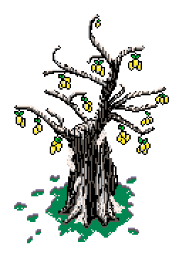 Sprouting lemon tree with snow on its crown, standing in a small melt of grass at the grove’s edge, to the right of the 'Destructive Elements' info box in Winter Garden