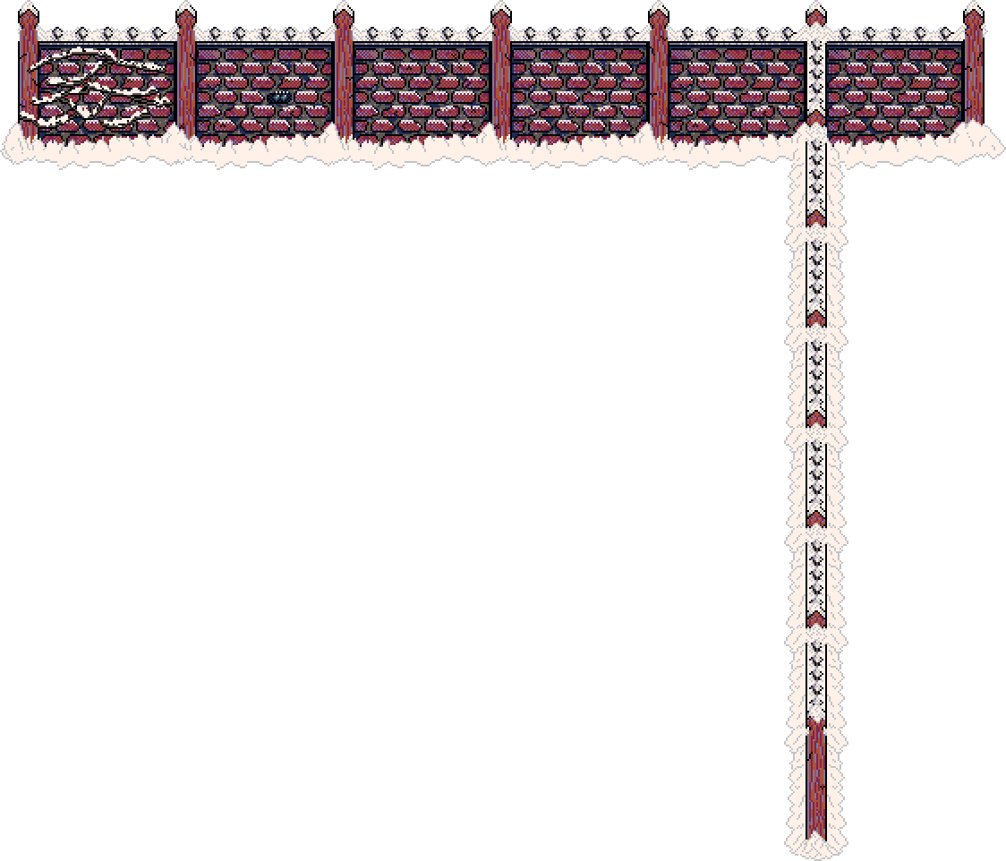 A red brick garden wall topped with metal spikes, heaped with fallen snow, its passion fruit vines lay dormant and still, in Winter Garden