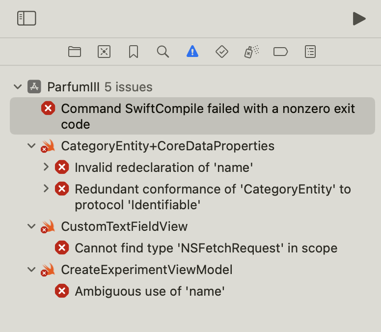 Generic 'Issue Navigator' screen shot from Xcode to head the Skills Employed section